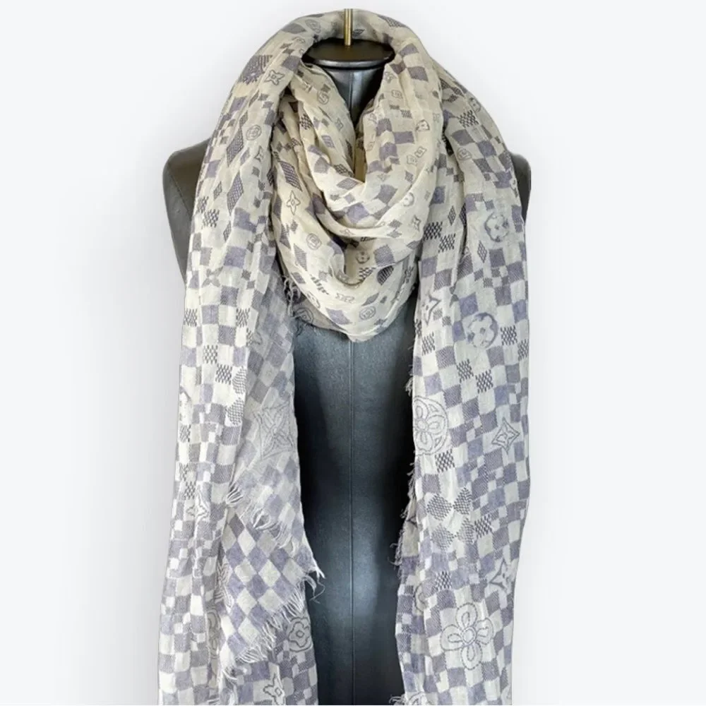 Auth Louis Vuitton Damier Azur Semi Sheer Cashmere / Silk Shawl Stole Wrap Scarf